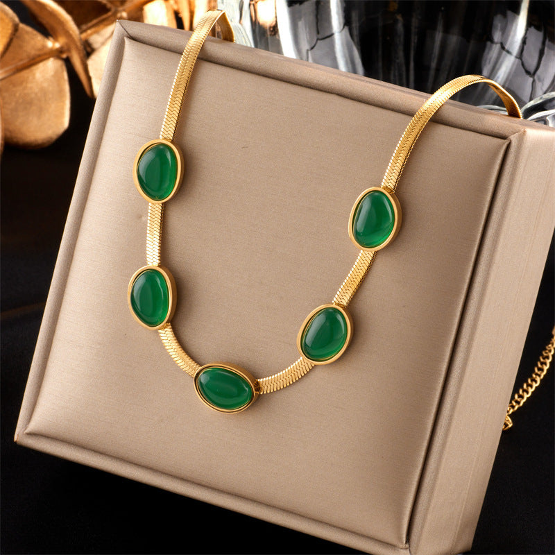 Oval Green Crystal Pendant Necklace Set With Bracelet